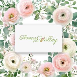 Floral logo card with pale pink and white flowers and green leaves