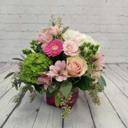 Low arrangement of pink roses and gerbera daisy with green hydrangeas in a pink glass cube vase