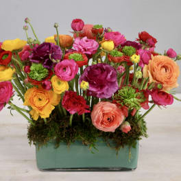 Low rectangular vase filled with bright pink, yellow, orange and green blooms in a dense arrangement