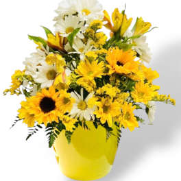 Yellow and white mixed bouquet in a yellow vase