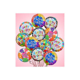 Cluster of colorful Happy Birthday balloons on a pink background