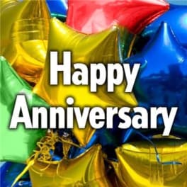 Cluster of colorful star-shaped balloons with "Happy Anniversary" text