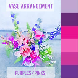 Purple and pink floral vase arrangement with mixed blooms