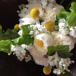 White bouquet with yellow button flowers and large green leaves