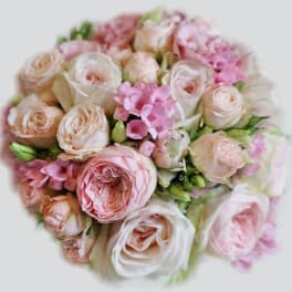 Round bouquet of blush and pink roses with small pink accent flowers