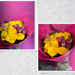 Bouquet of yellow roses and a burgundy orchid wrapped in bright pink textured paper with a butterfly pick.