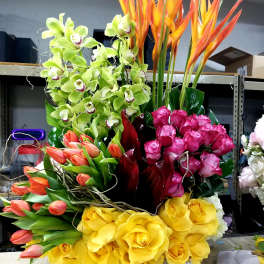 Large mixed floral arrangement with orchids, tulips, roses, and bird of paradise in a white vase