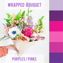 Wrapped bouquet of pink and purple flowers with green accents