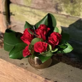 Red roses arranged in a small gold vase
