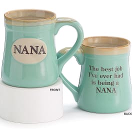 Pair of mint green ceramic mugs labeled Nana with sentimental text on front and back.