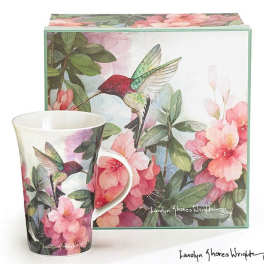 Floral hummingbird mug with matching gift box featuring pink blossoms and green foliage artwork