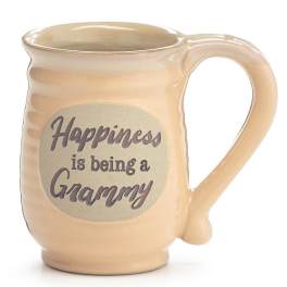 Beige ceramic mug with the phrase 'Happiness is being a Grammy' printed on the front.