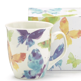 White ceramic mug with colorful watercolor butterflies and matching gift box