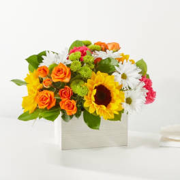 Bright mixed bouquet in a white rectangular box with sunflowers, roses, and daisies
