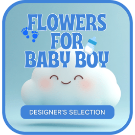 Blue baby boy graphic with a smiling cloud and bottle icon