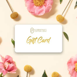 Florist gift card on cream background with pink and yellow flowers around the edges.