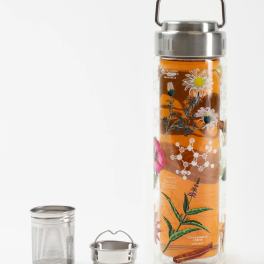 Glass water bottle with floral print and metal tea infuser
