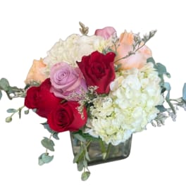 Mixed bouquet of red and pink roses with white hydrangeas in a glass vase