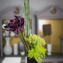 Purple calla lilies with green filler in a tall black vase