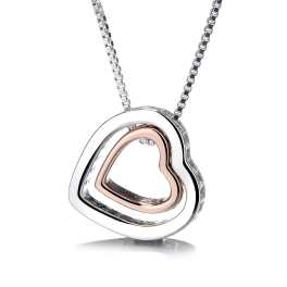 Heart-shaped silver pendant necklace with a rose gold inner heart