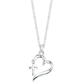 Silver necklace with a heart and cross pendant on a white background