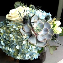 Bouquet of pale blue hydrangeas, white roses, and succulents in a vase