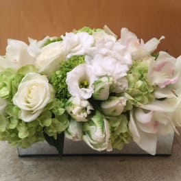 White and green floral arrangement in a rectangular container