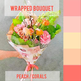 Wrapped bouquet of peach and pink flowers with green foliage
