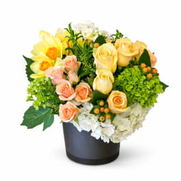 Mixed bouquet of yellow and peach roses in a black vase