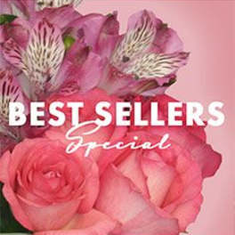 Pink roses and striped alstroemeria with "Best Sellers Special" text