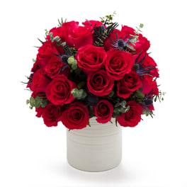 Red roses arranged in a white vase with blue thistle accents