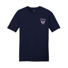 Navy T-shirt with a small butterfly graphic and text on the chest