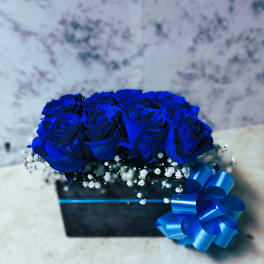 Low black box arrangement of vivid blue roses with white filler flowers and a large blue ribbon bow.