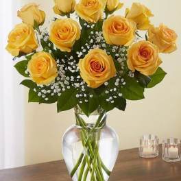 Dozen yellow roses with white filler flowers arranged in a clear glass vase