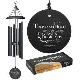 Black memorial wind chime with a round quote plaque and gift box
