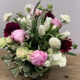Mixed bouquet with pink peonies, white tulips, and dark burgundy blooms