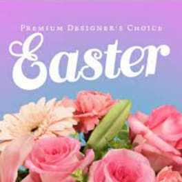 Easter greeting card with pink flowers and pastel background