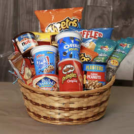 Basket filled with assorted snack bags and canisters
