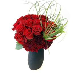Roses and Dahlias In A Glass Vase