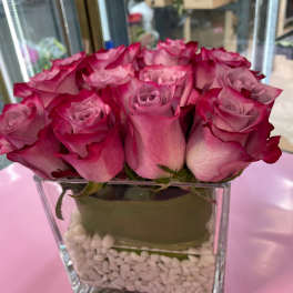 Pink roses arranged in a square glass vase with white stones