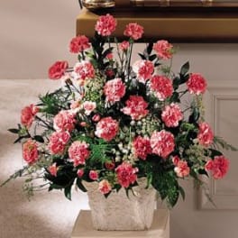 Tall arrangement of pink carnations and white filler flowers in a white container beside a casket.
