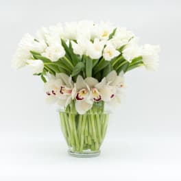 White tulips and orchids arranged in a clear glass vase
