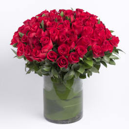 Red roses arranged in a clear glass vase