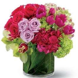Compact arrangement of red and lavender roses, pink tulips, and green orchids in a clear glass vase