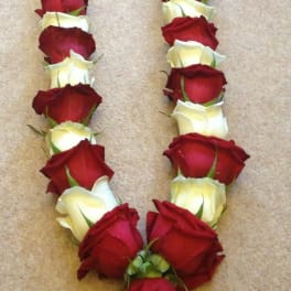 Heart-shaped arrangement of red and white roses
