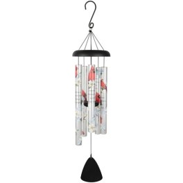 Hanging wind chime with floral-printed metal tubes and a black top and clapper