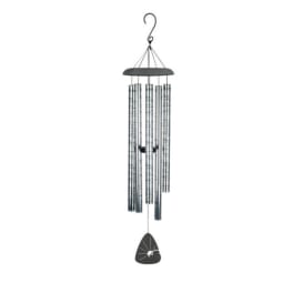 Metal wind chime with silver tubes and black top, hanging hook, and heart sun design sail