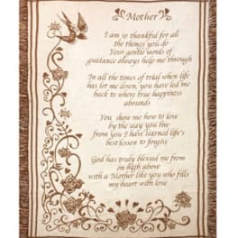 Beige woven throw blanket with a “Mother” poem and brown floral border