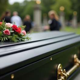 Small spray of pink and red roses on a dark casket at an outdoor funeral.