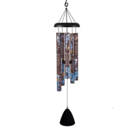 Hanging metal wind chime with printed brown tubes and black top and sail